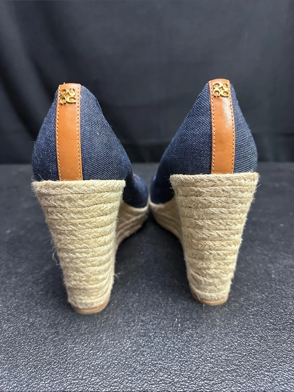 Coach Navy Denim Espadrille Wedges with Tan Leather Trim